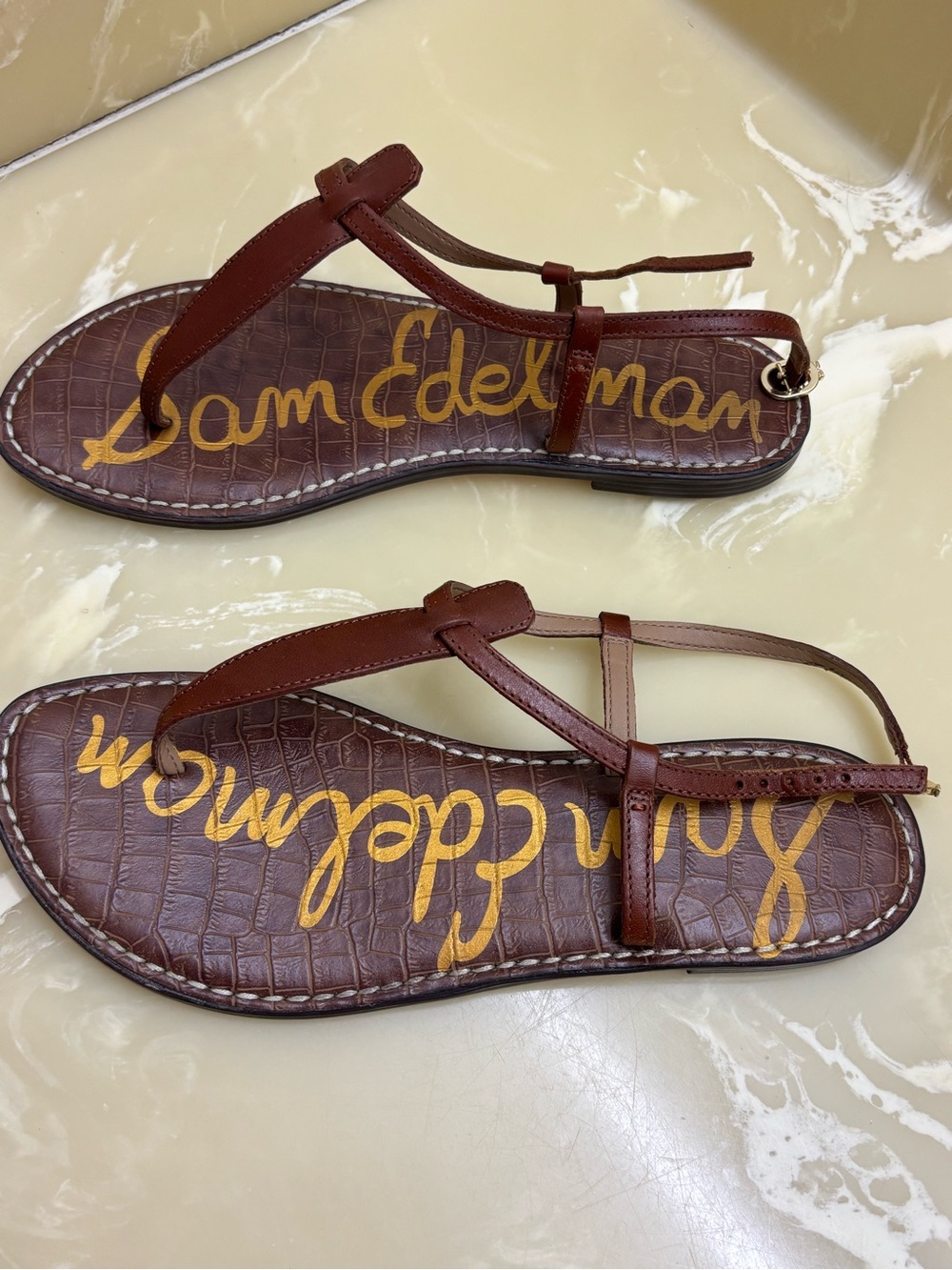 Sam Edelman Brown Croc-Embossed Leather T-Strap Sandals